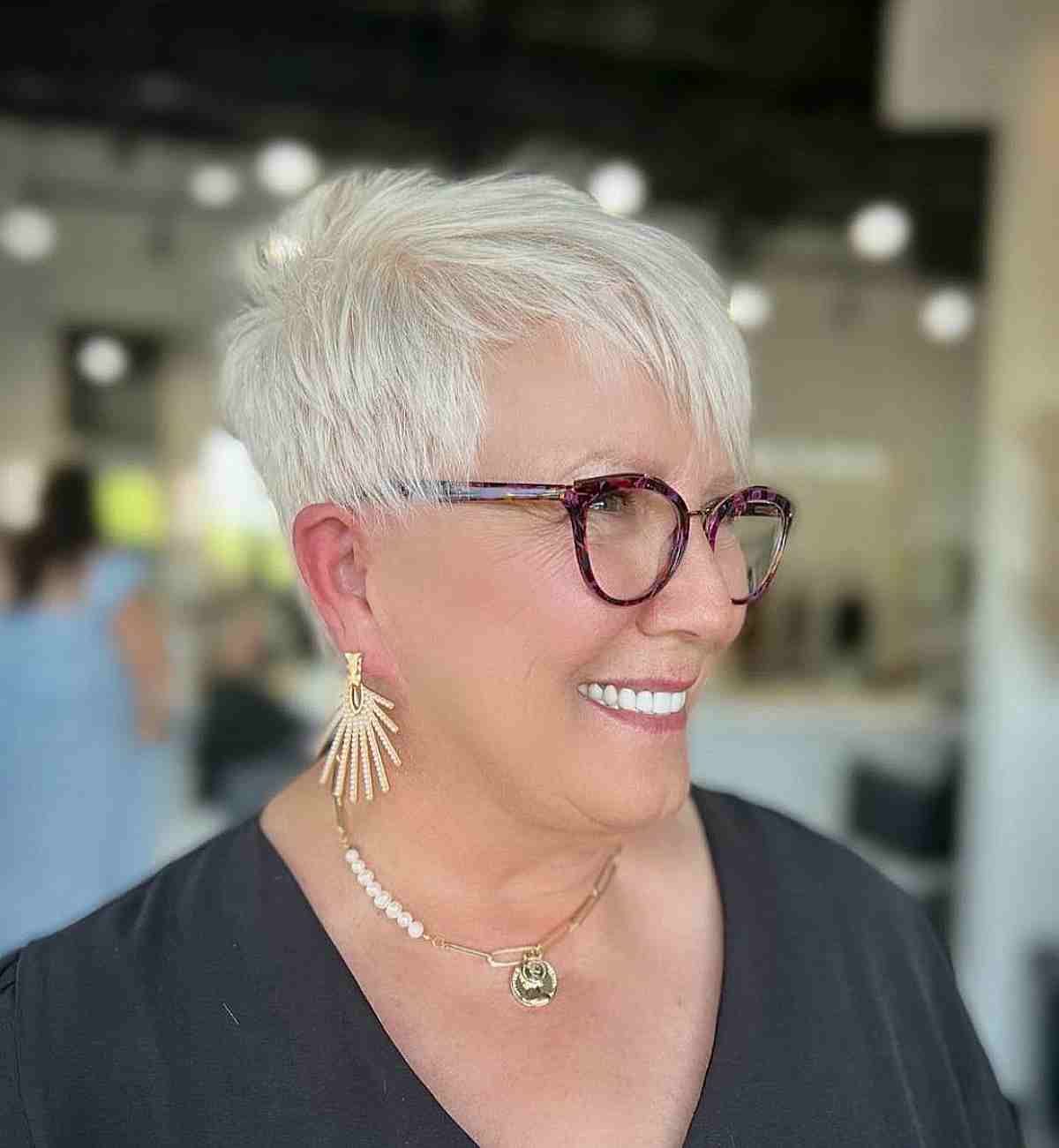 White Pixie with Side Bangs and Glasses for 50-Year-Olds