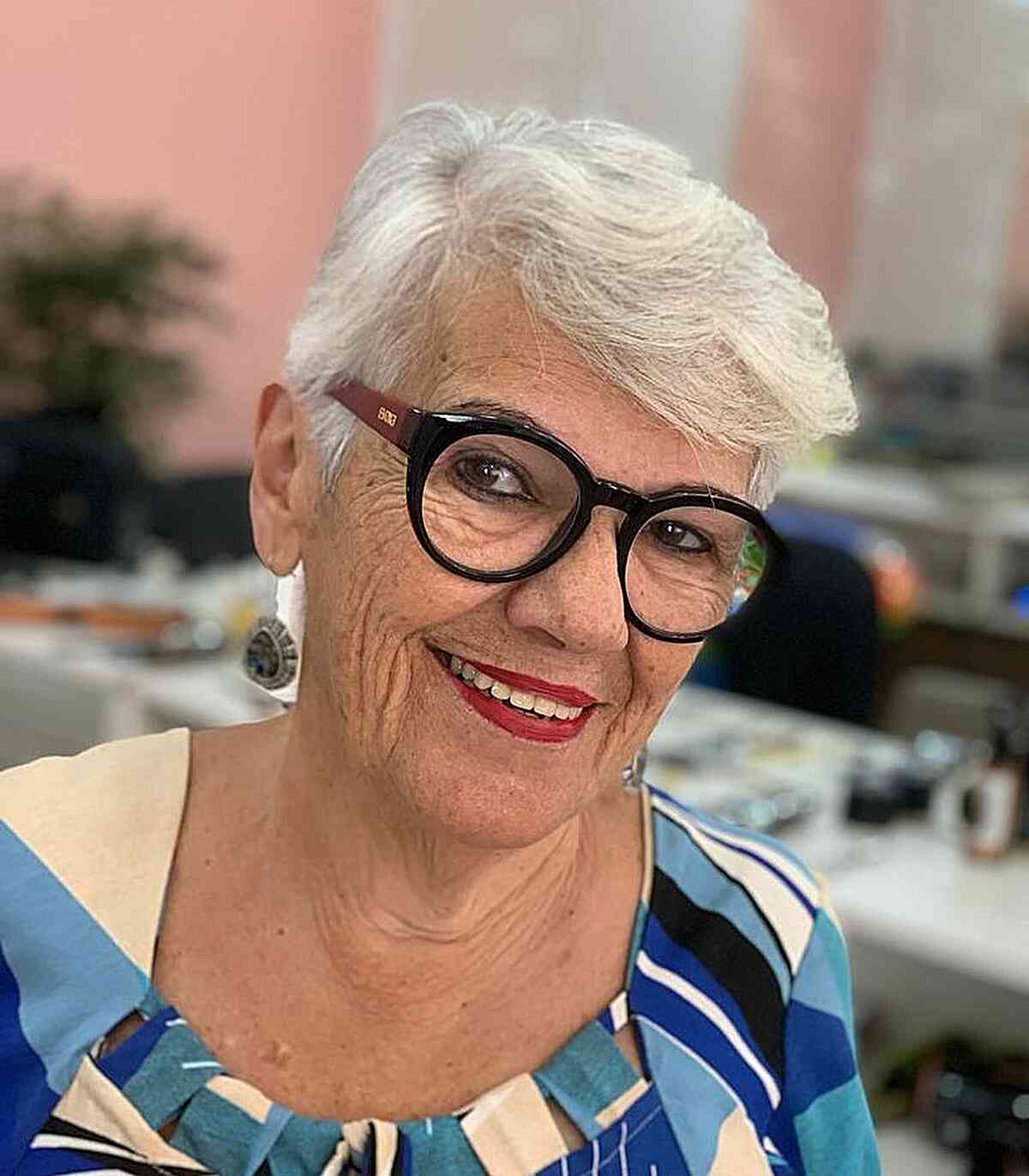White Pixie with Swept Fringe for Women 60 and Over with Specs