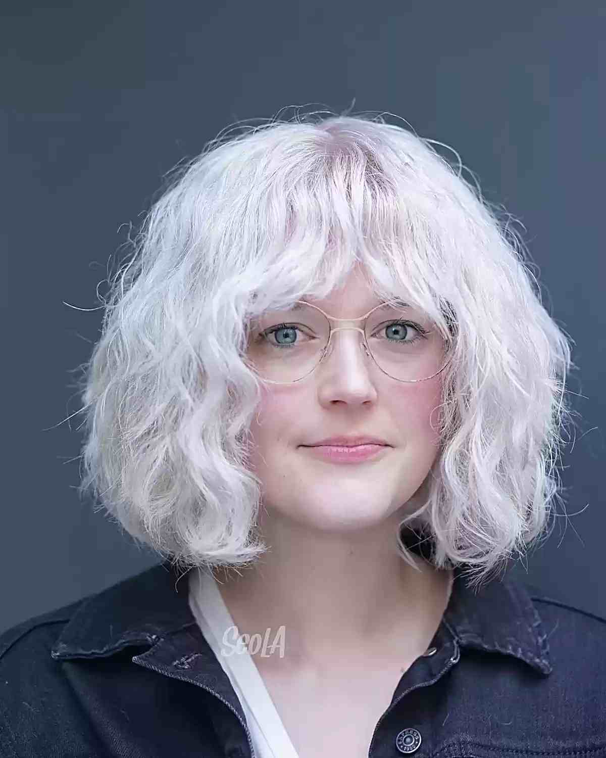 White-Blonde Platinum Curly Bob on Neck-Length Cut with Bangs and Face-Framing Layers