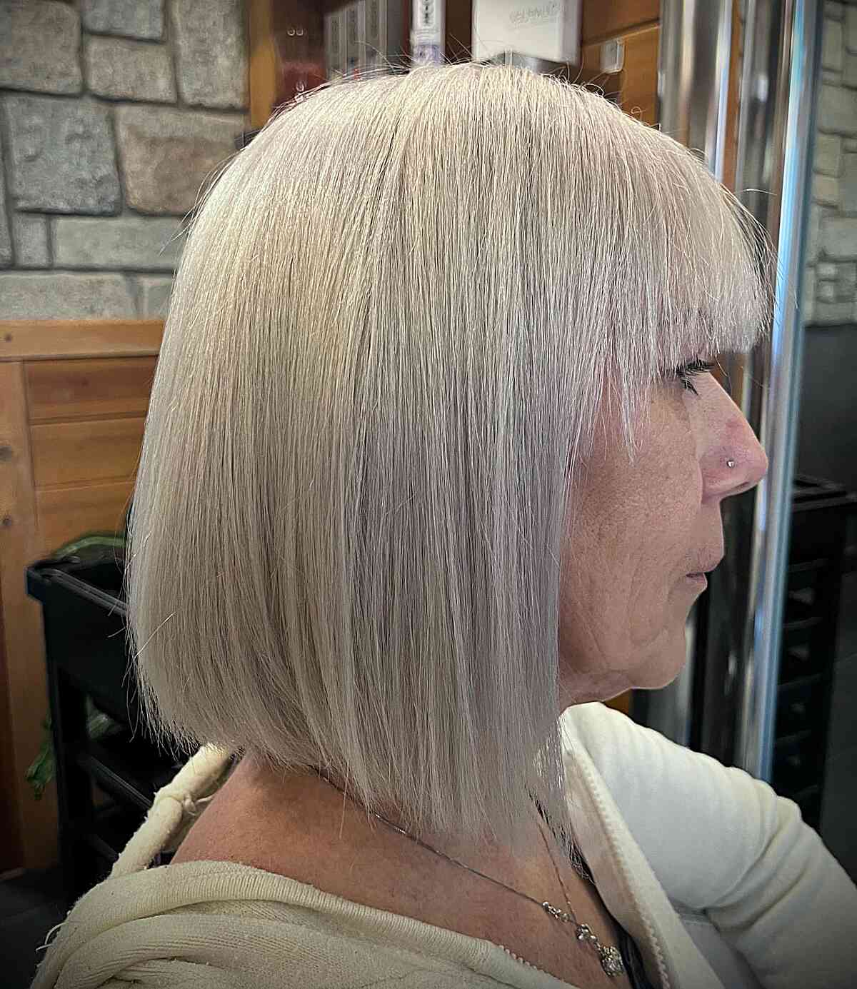 White-Platinum Straight Bob Haircut for Ladies Past 60 with Fine Hair