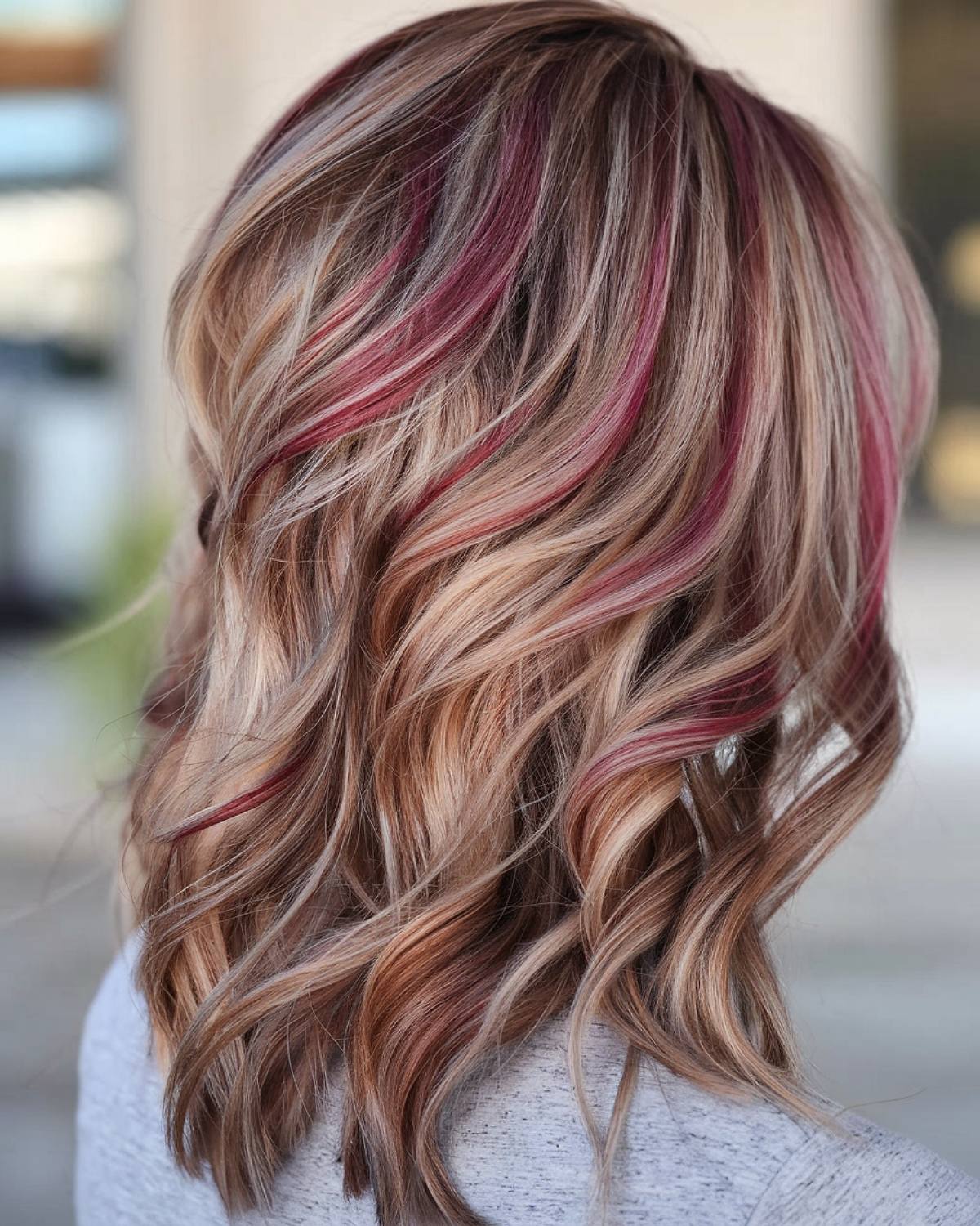 Wine and blonde color combination on wavy hair