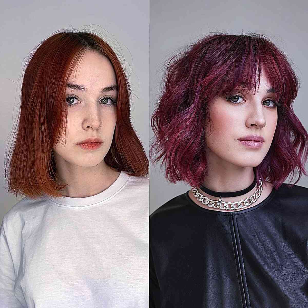 Wine-Colored Layered Bob with Bangs