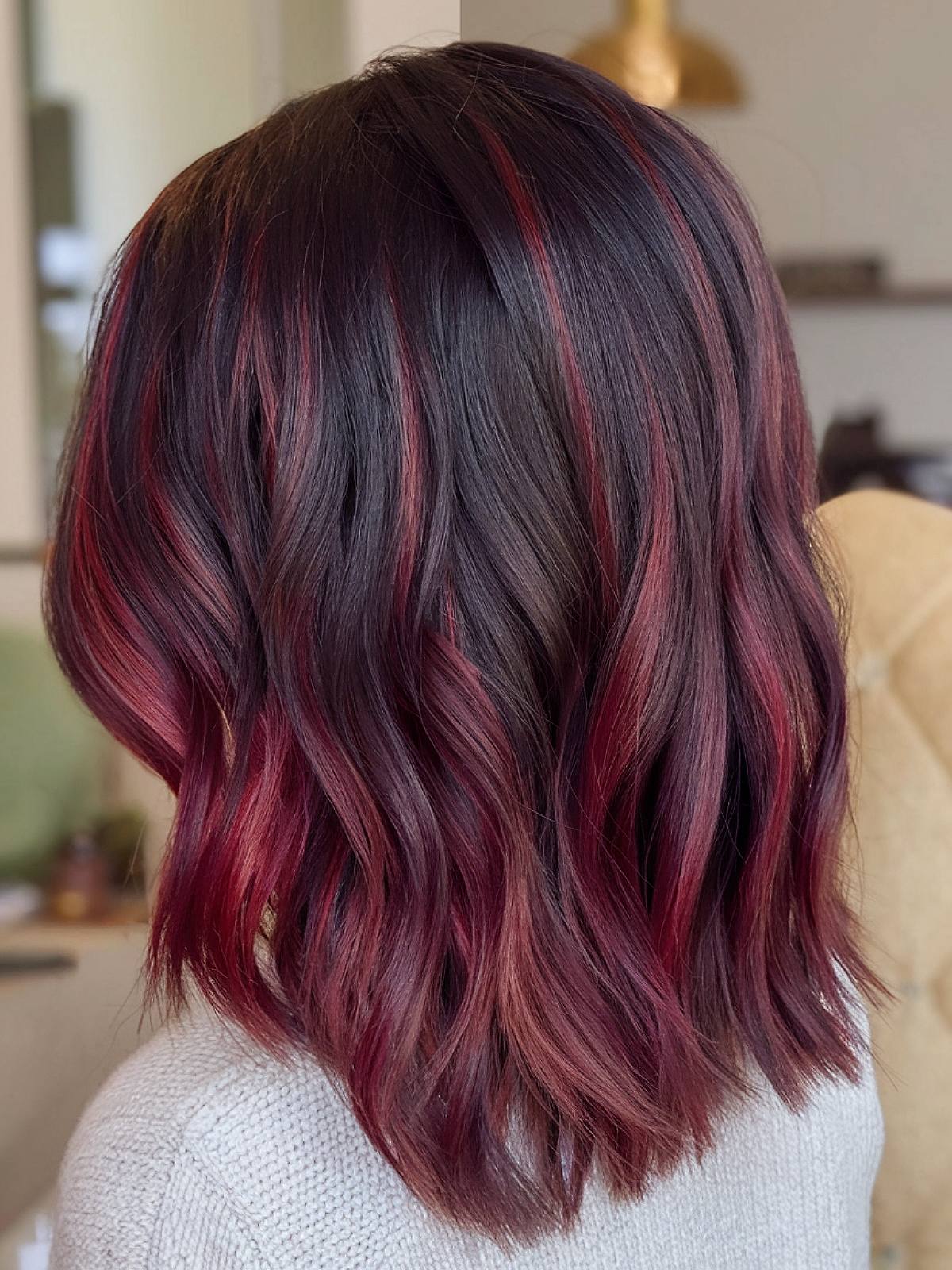 Wine red balayage on black hair