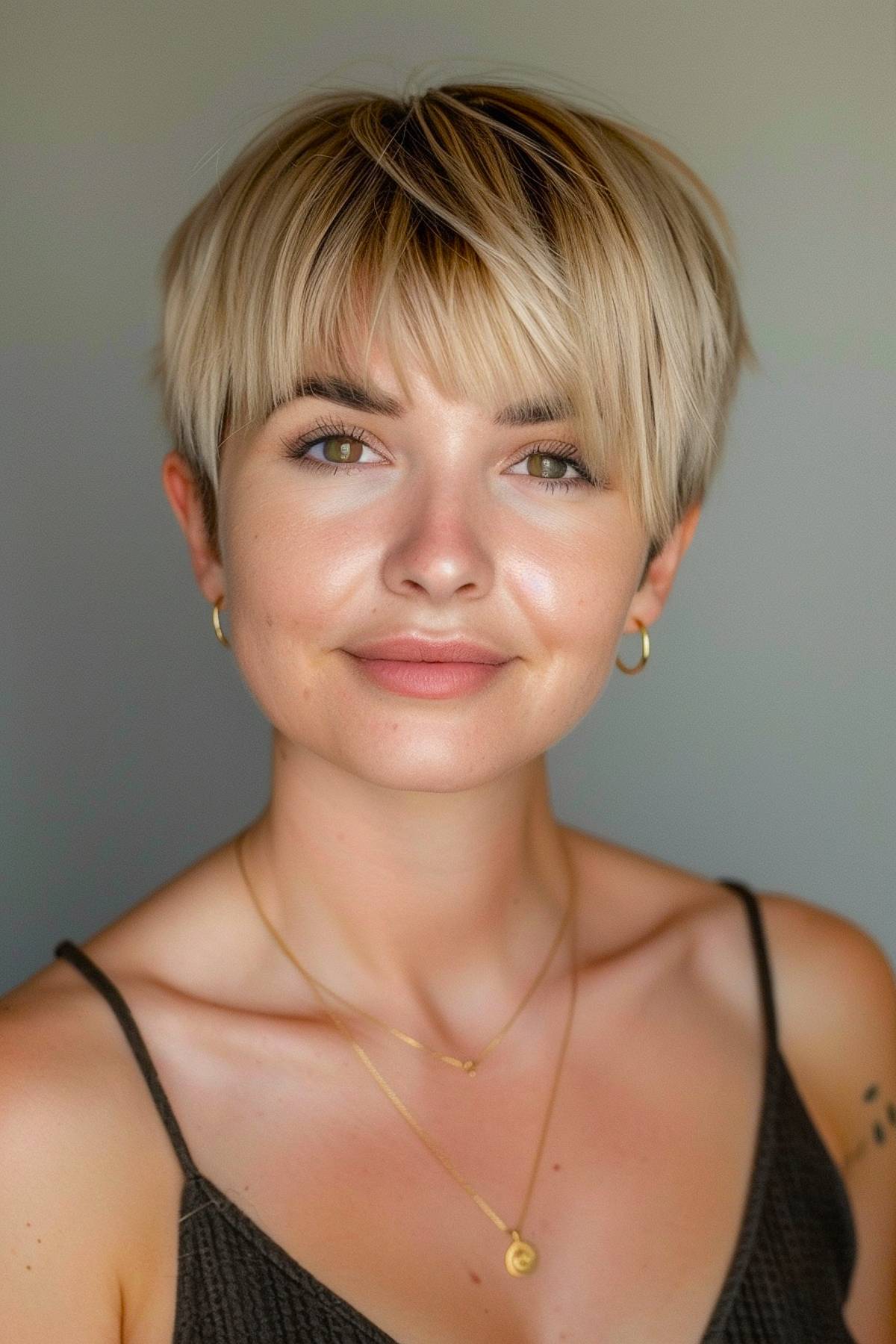 Wispcurve Pixie – soft pixie cut with warm blonde tones for round faces