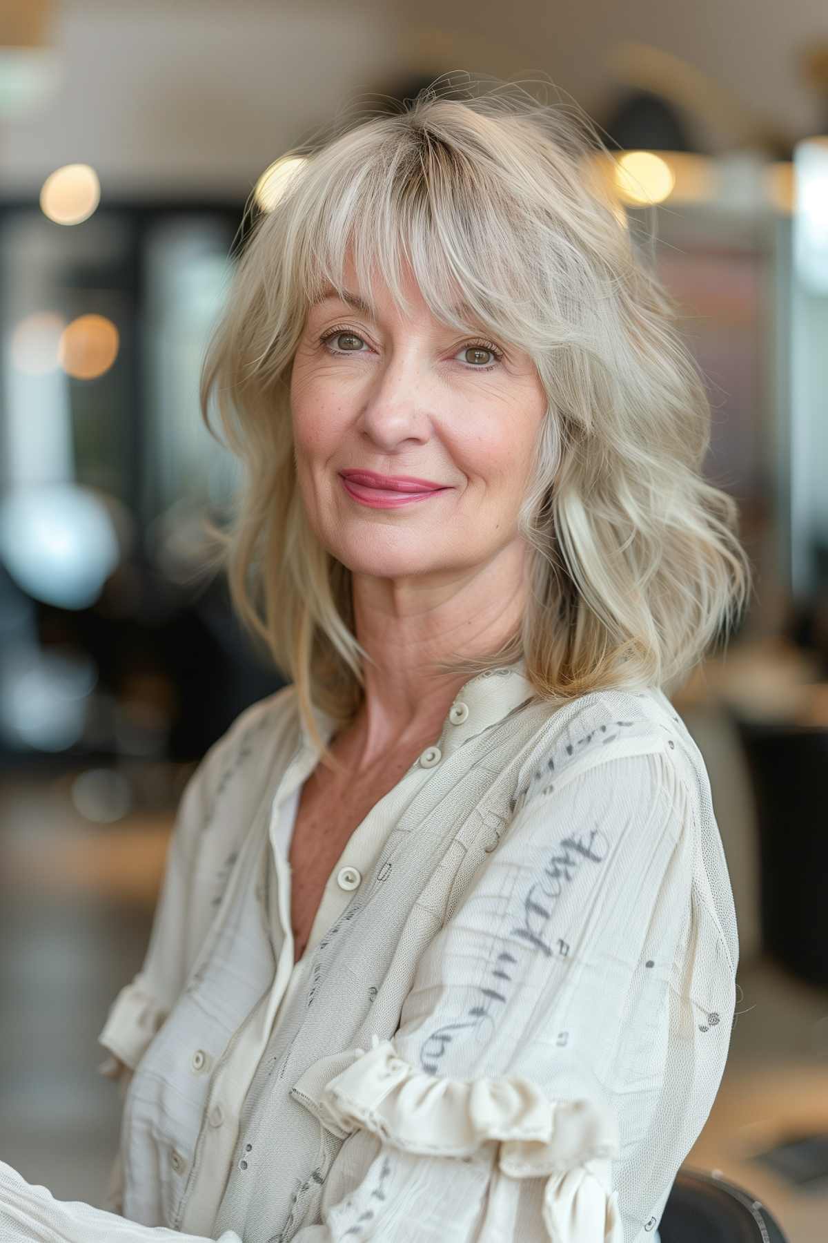 Woman with wispy bangs and layers, perfect for a youthful look for women over 50