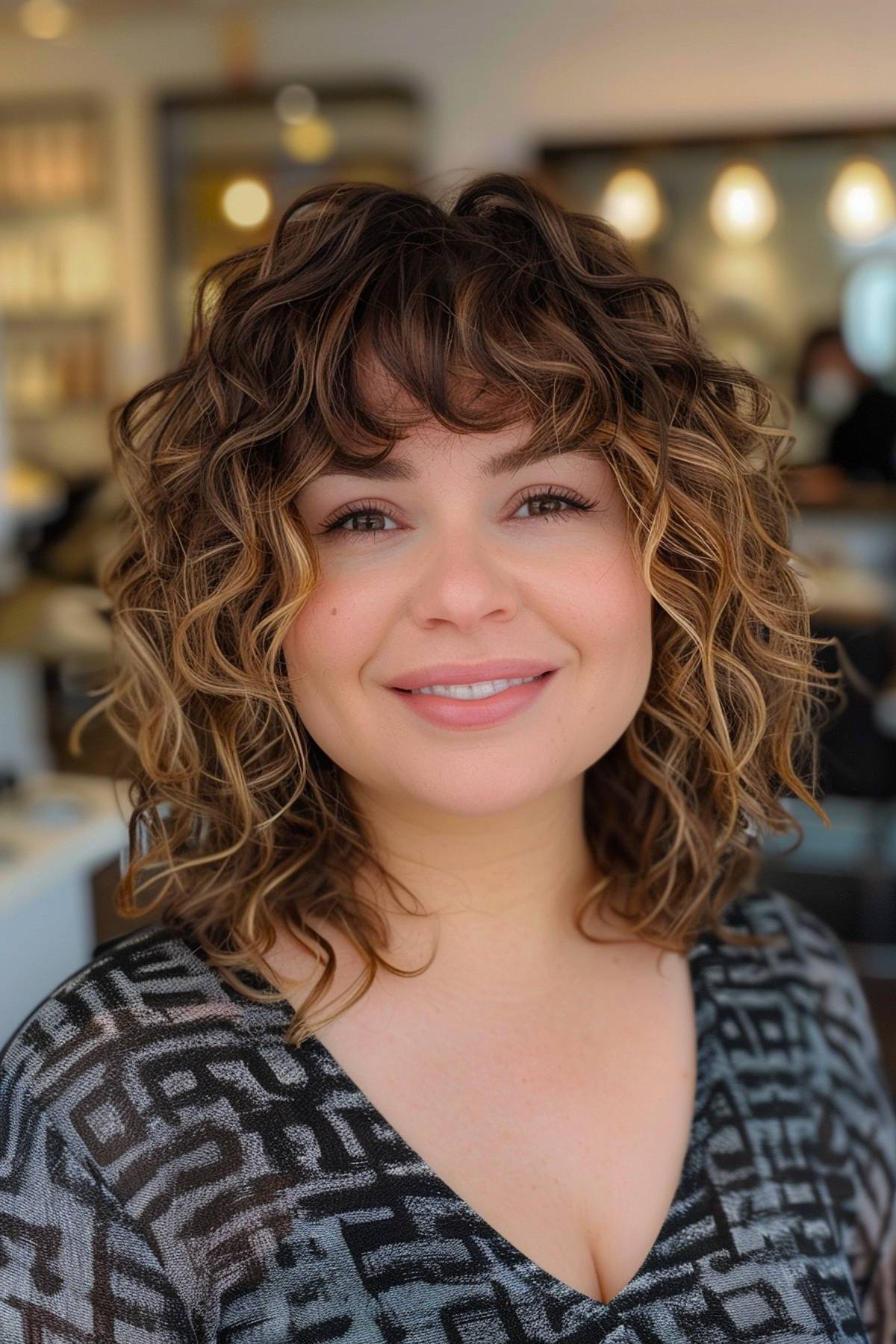 Wispy bangs with curly hair for round face