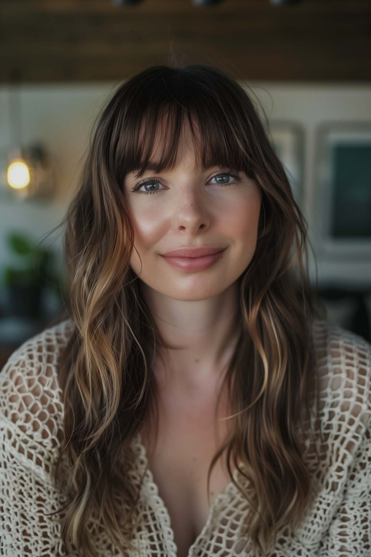 Woman with wispy bangs and loose wavy hair for a soft look