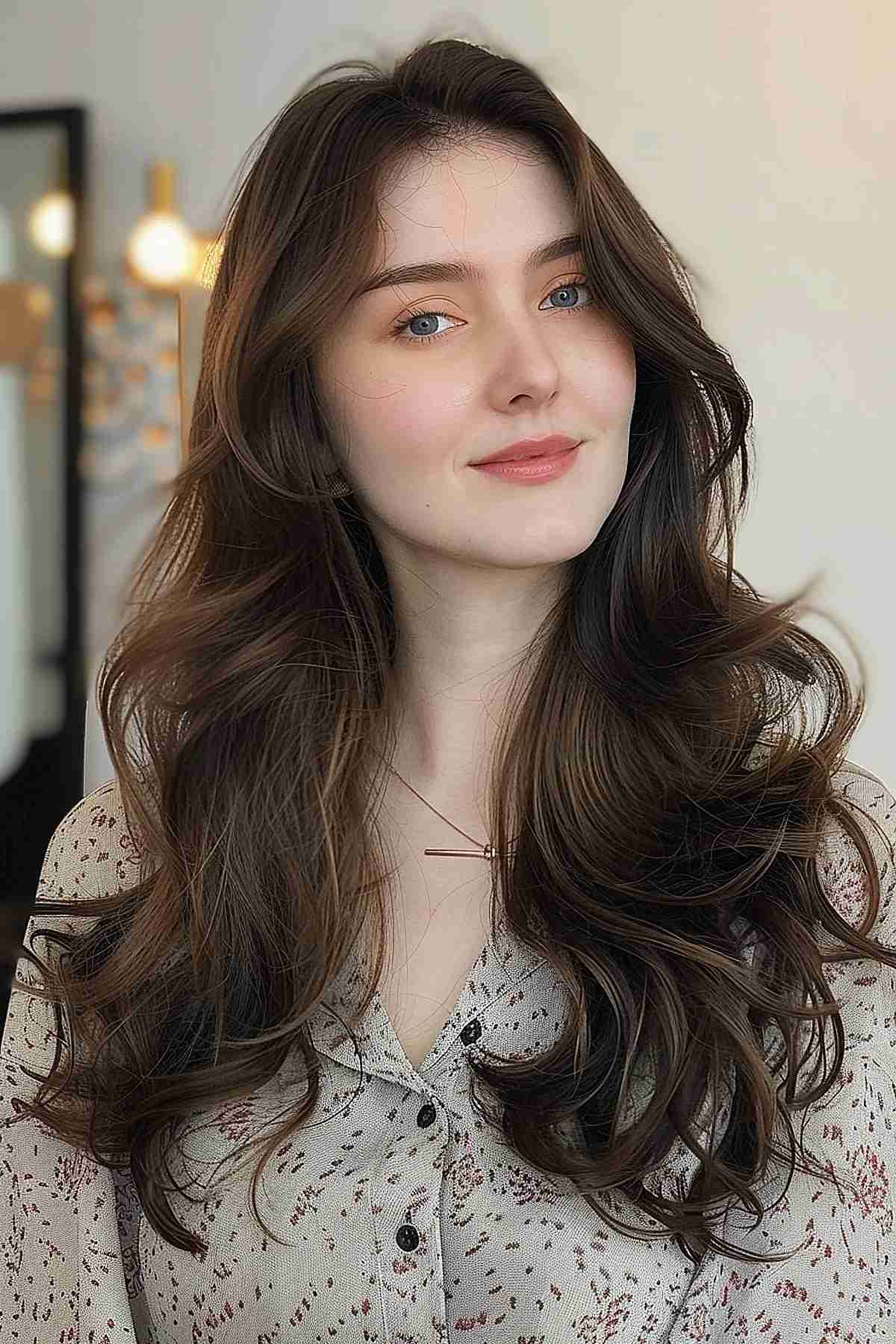 Woman with fine hair styled in wispy permed waves