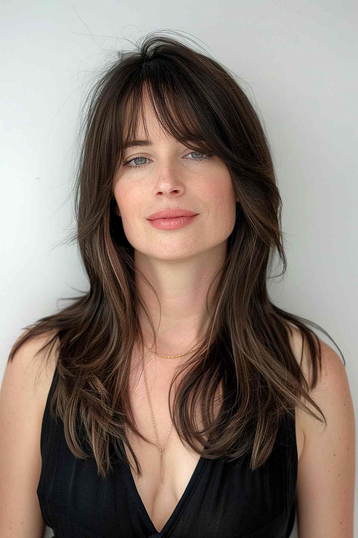 Woman with long layered hair and wispy curtain bangs, styled in a natural, airy look. 