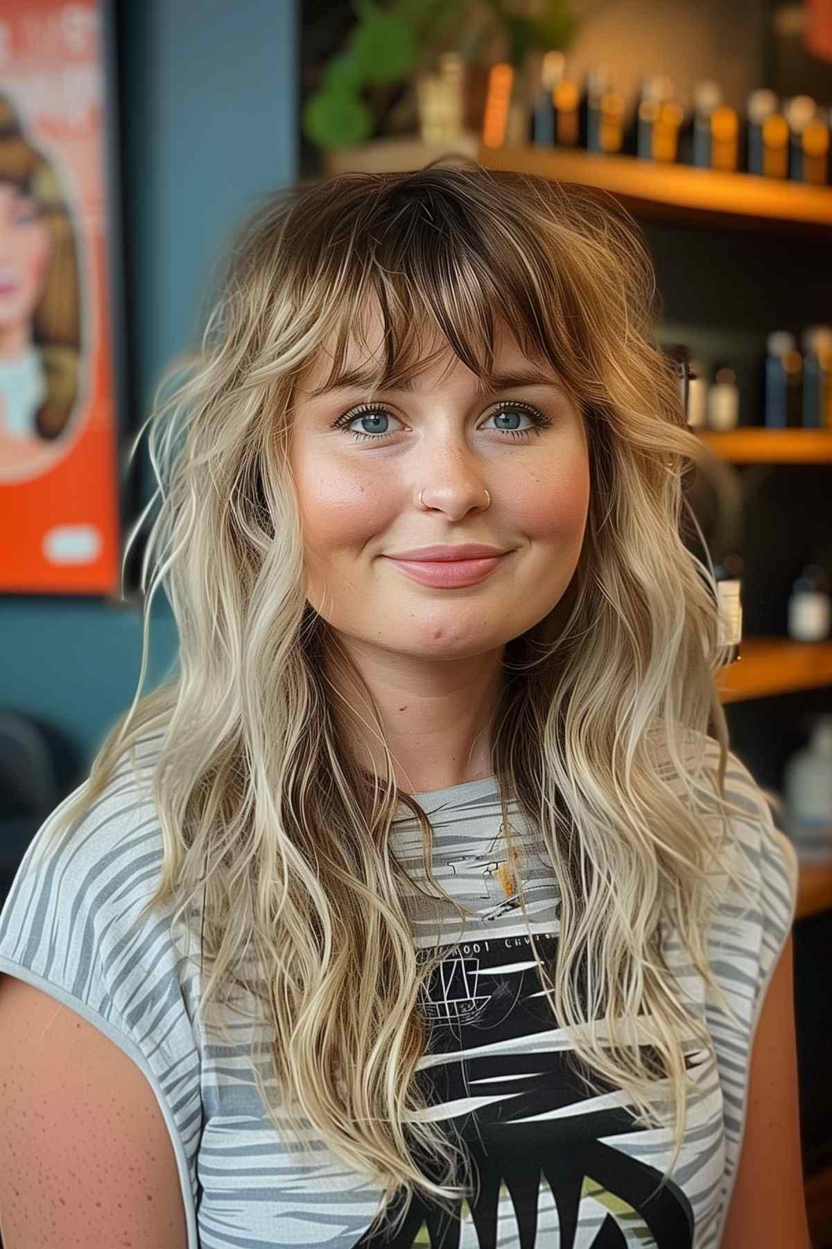 Woman with a trendy wolf cut, choppy layers, and bangs