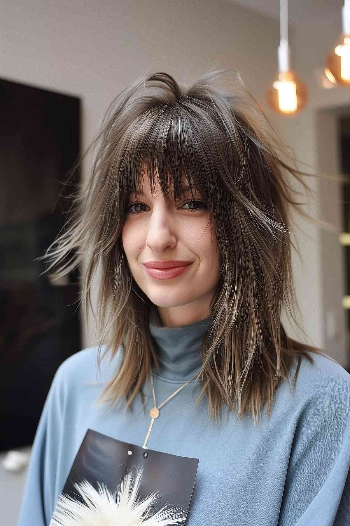Smiling woman with a Wolf Cut styled for an oval face, featuring mid-length layers and a textured look.