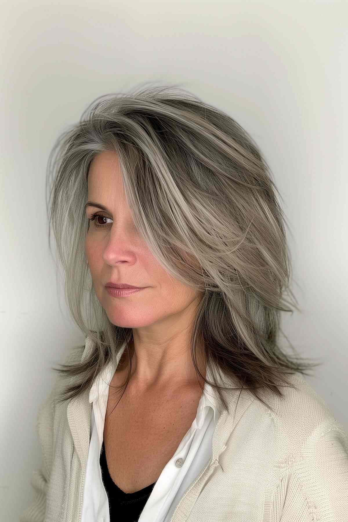 Middle-aged woman with straight hair styled in a modern Wolf Cut, showcasing layered volume for a chic appearance.