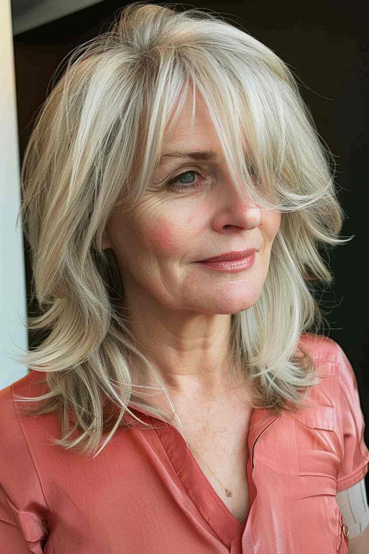 Woman in her 60s with a graceful Wolf Cut on straight hair, highlighting subtle layers that enhance her natural elegance.