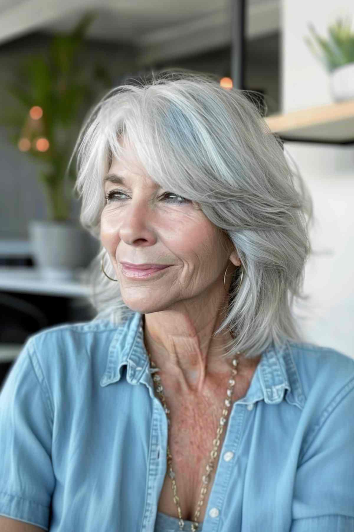 Elegant senior woman with a Wolf Cut, styled to provide a natural, voluminous look ideal for her age and hair type.