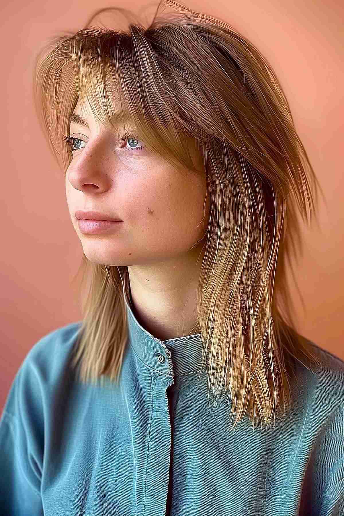 Woman with fine straight hair styled in a Wolf Cut, showing off the volumizing effect of soft layers.