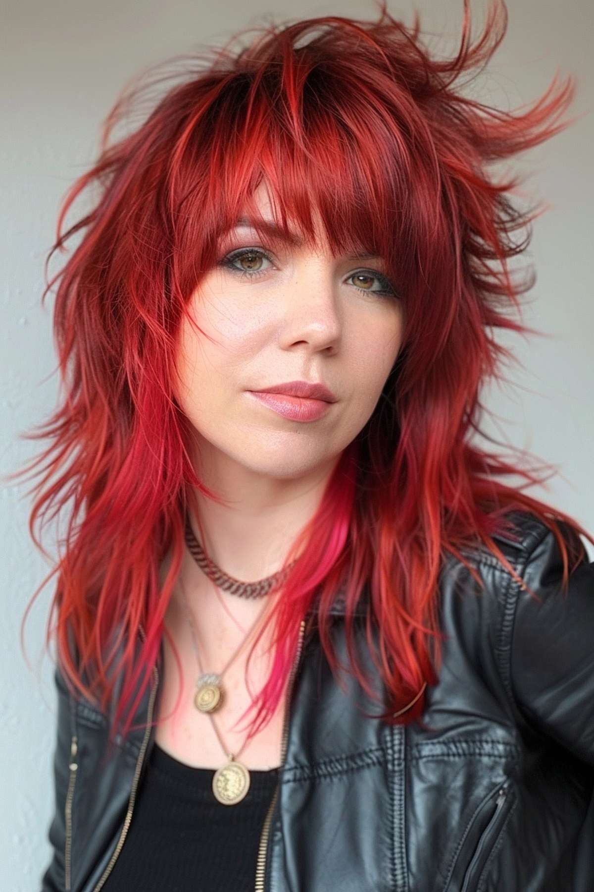 Woman with bright red hair in a Wolf Cut, highlighting textured layers and a bold color choice.