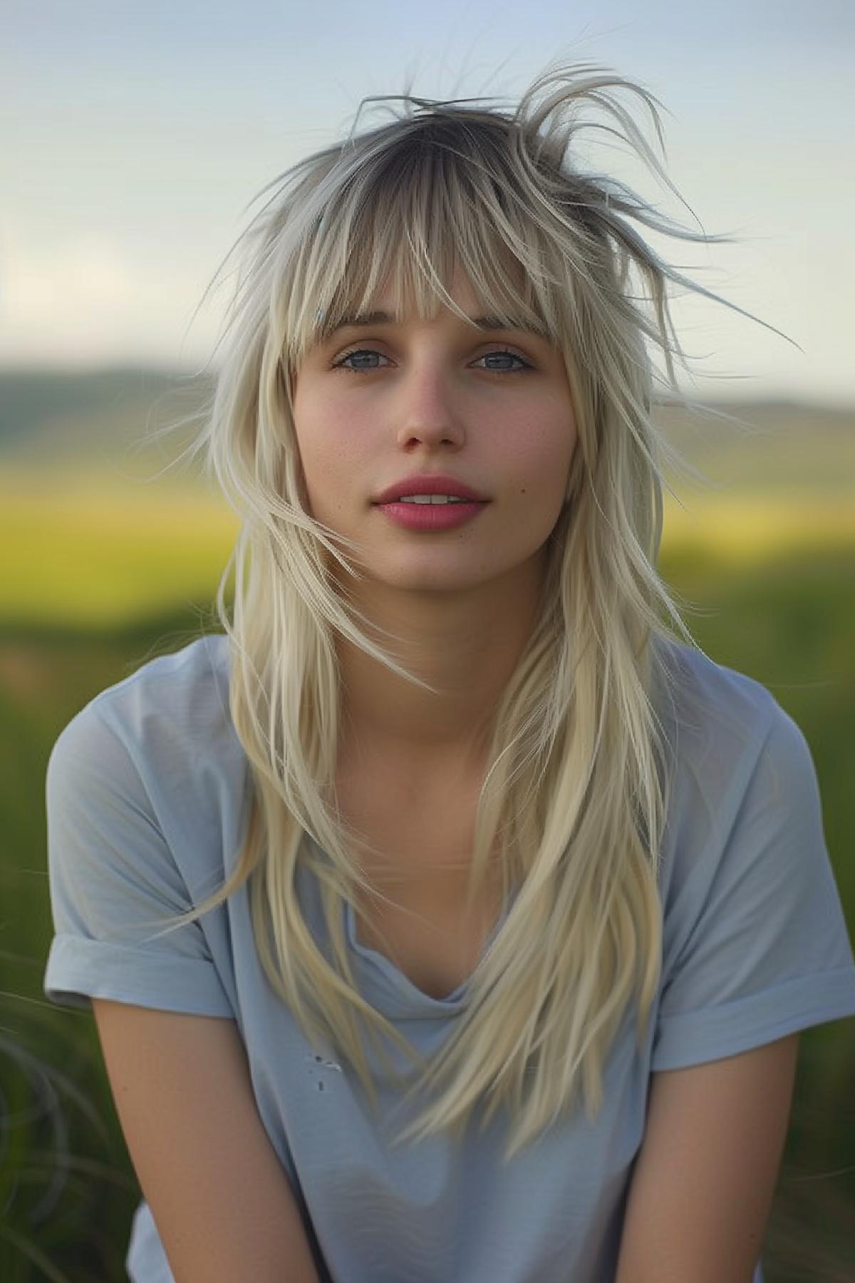 Close-up of a young woman with a modern Wolf Cut with fringe, styled in straight blonde hair against a natural background.