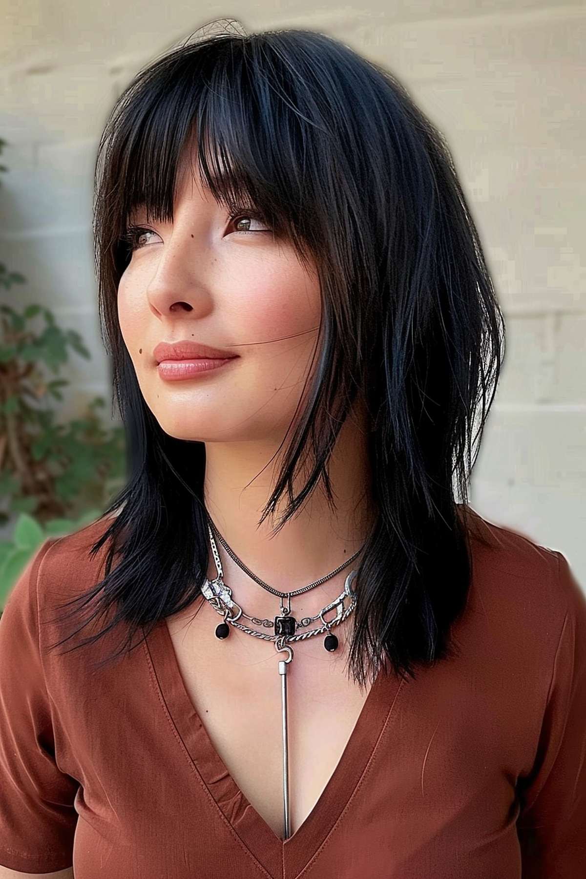 Woman with a Wolf Cut featuring long bangs on straight hair, styled to blend smoothly with layered textures.