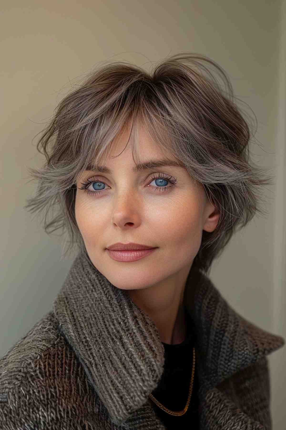 Elegant woman with a short textured wolf cut in silver-gray