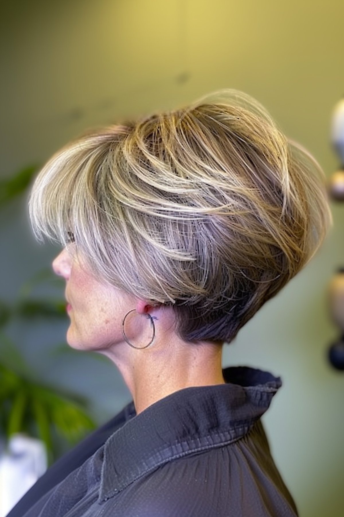 Woman with blonde stacked wedge haircut and highlights