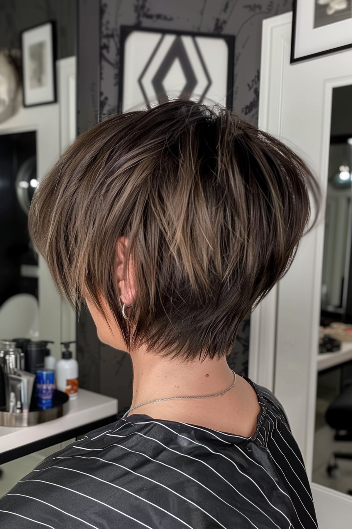 Woman with choppy stacked bob and multi-tonal highlights