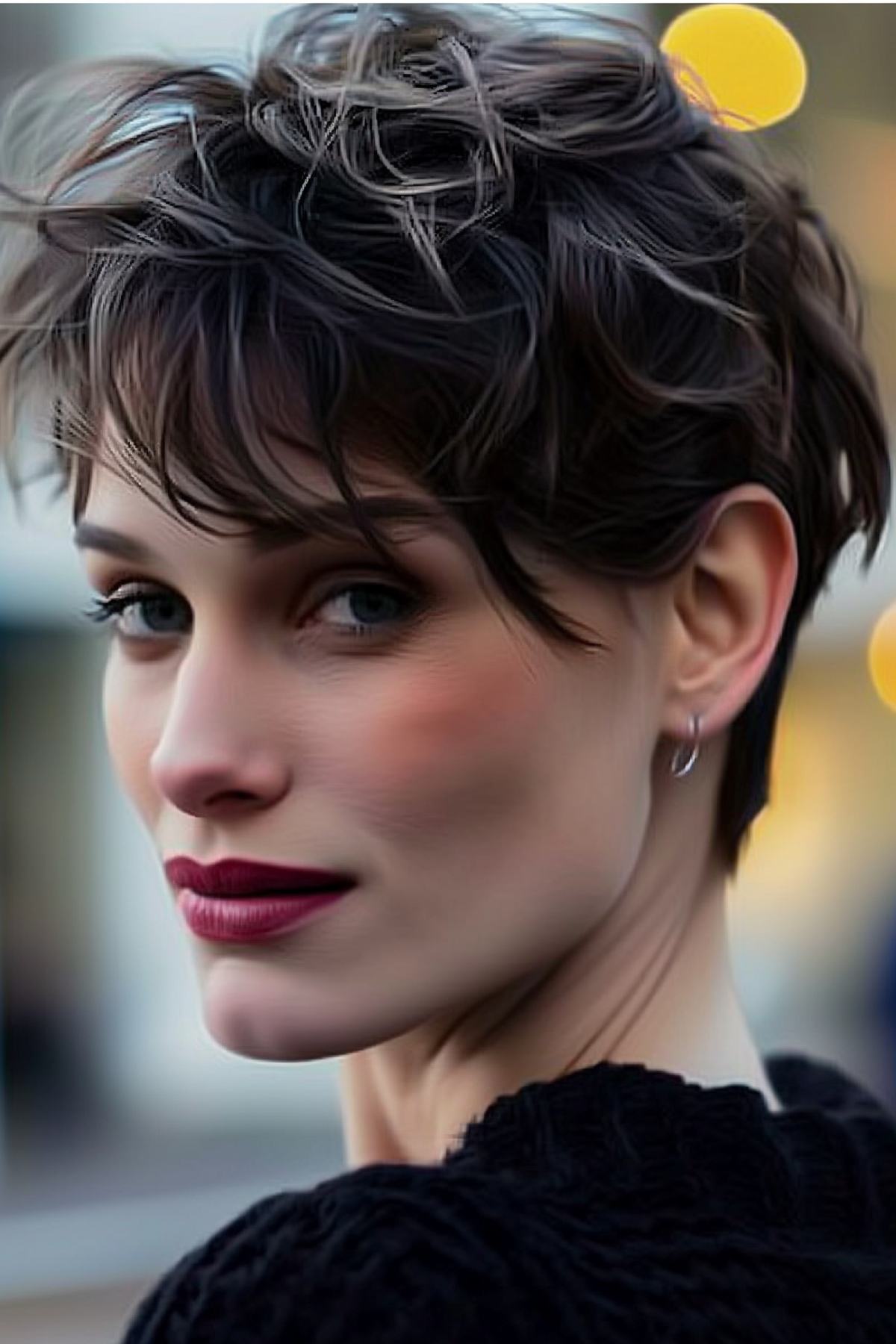 Stylish woman with curly short pixie haircut highlighting voluminous curls and shorter sides
