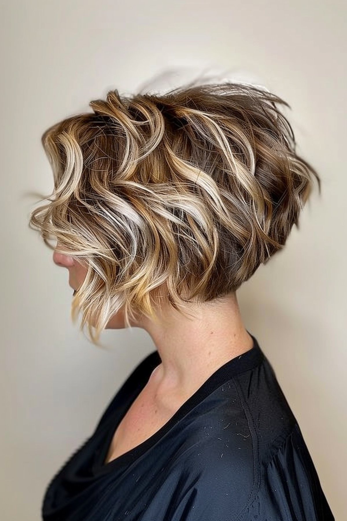 Woman with dramatic wavy stacked bob and bold highlights
