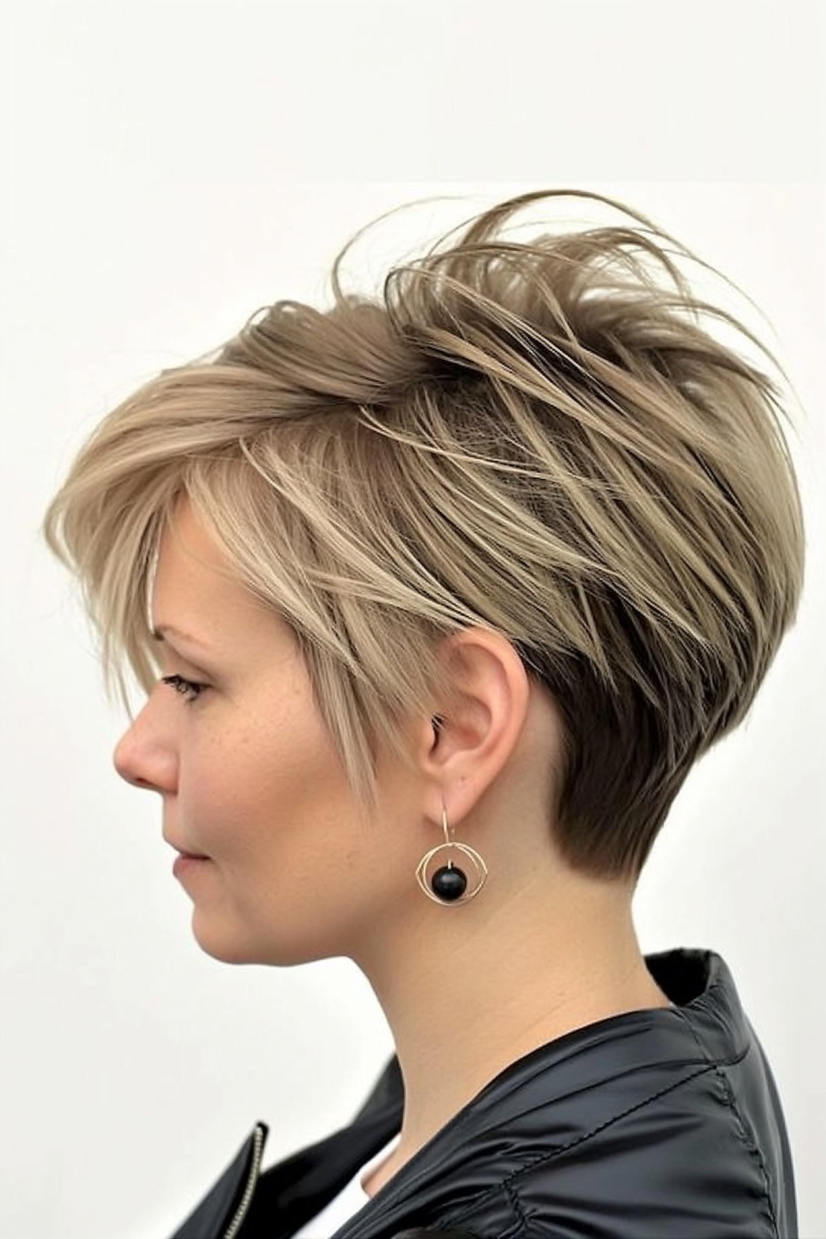 Woman with edgy undercut and textured stacked bob