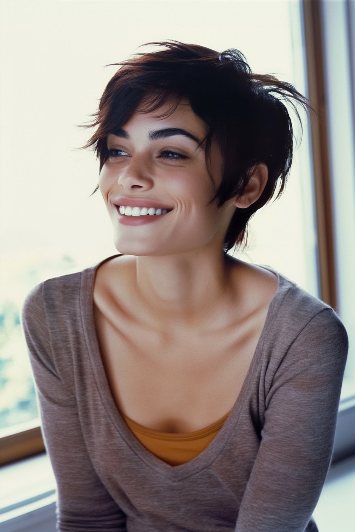 Woman with a chic elf crop haircut and a natural smile