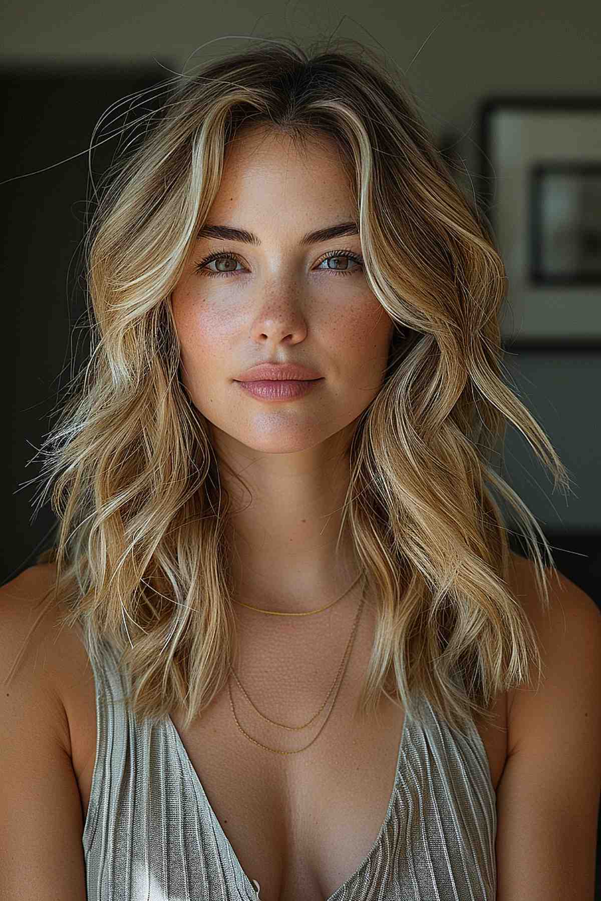 Heart-Shaped Face Woman with Balayage Beach Waves