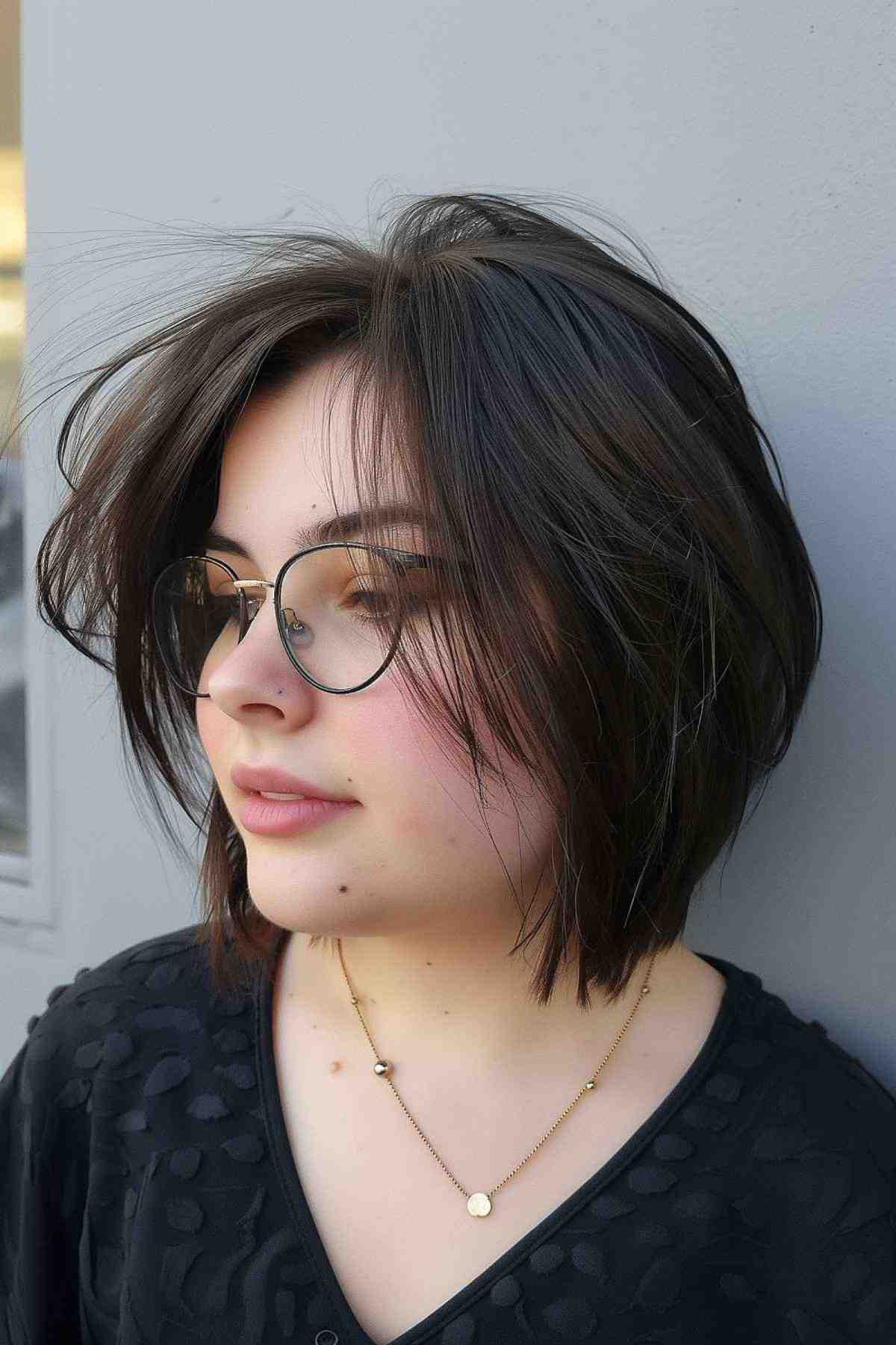 Short layered bob and subtle highlights for woman with round face shape