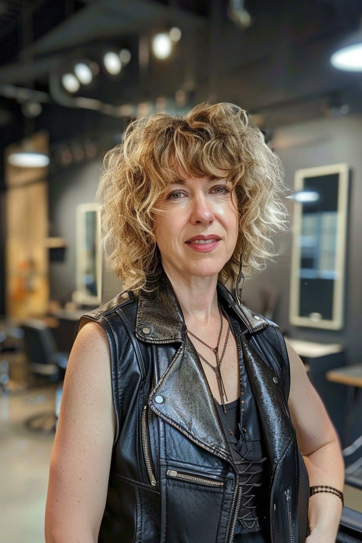 Woman with curly bob and bangs in rocker outfit at a salon