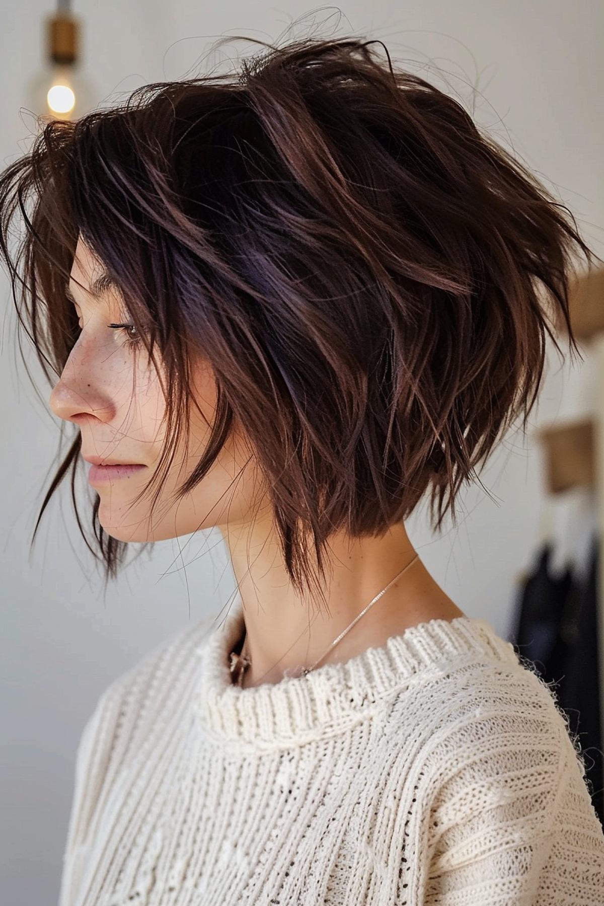 Woman with shaggy stacked bob and subtle purple highlights