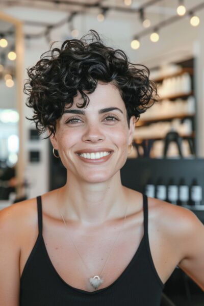 A Woman with short curly pixie haircut smiling in a salon