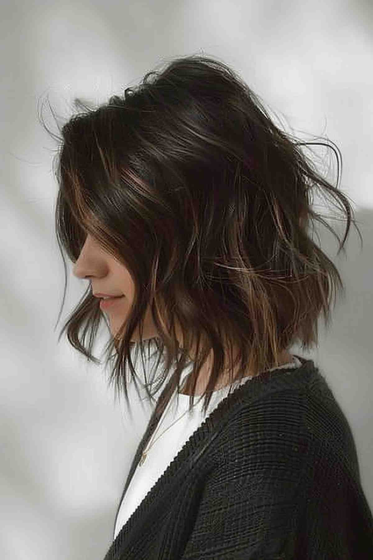Woman with Short Messy Partial Balayage Bob Hairstyle