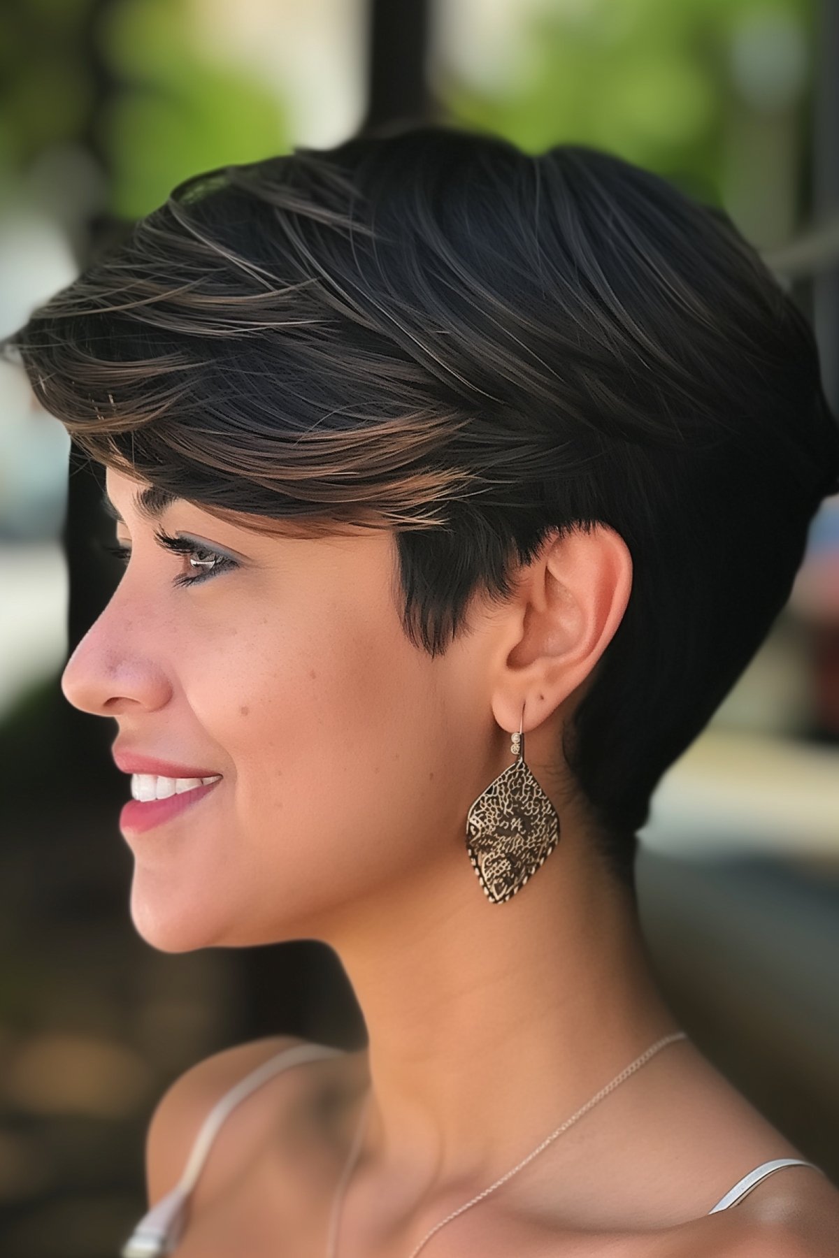 Woman with short sleek side-swept thick pixie and tapered nape