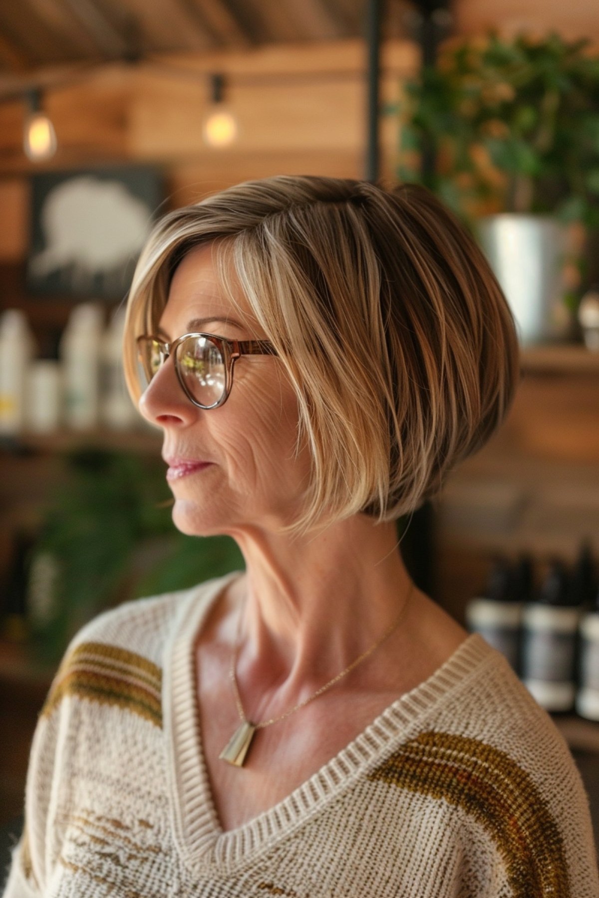 Woman with short stacked bob and balayage highlights in a salon