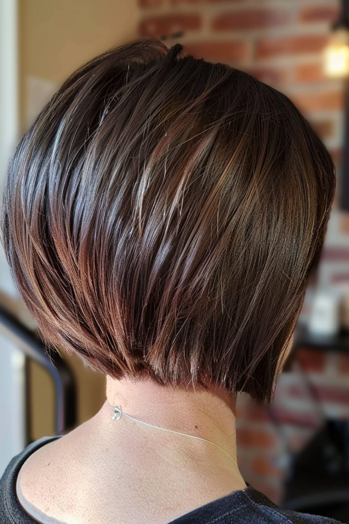 Woman with sleek graduated stacked bob and multi-tone highlights