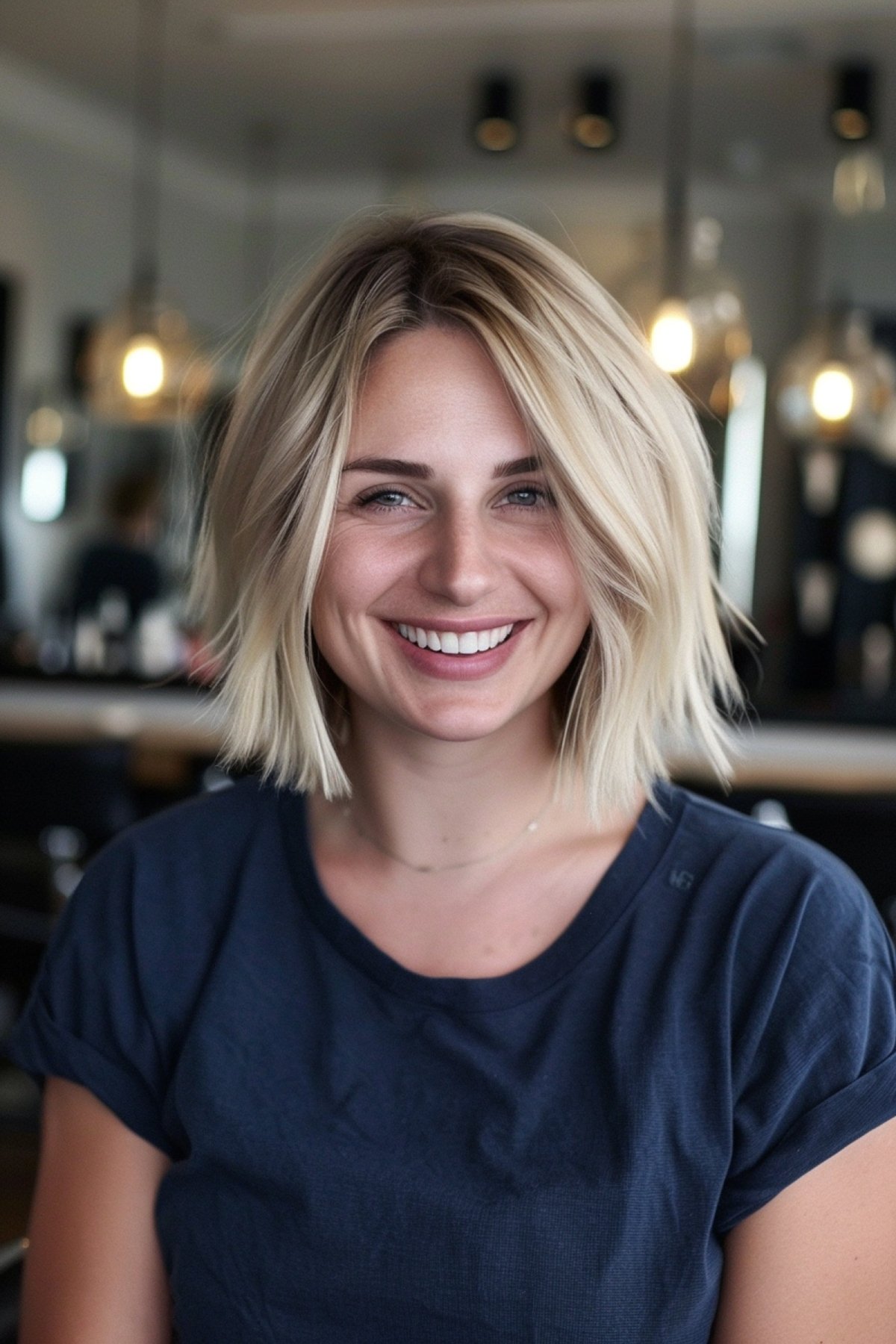 Woman with a sleek neck-length blonde bullet bob haircut