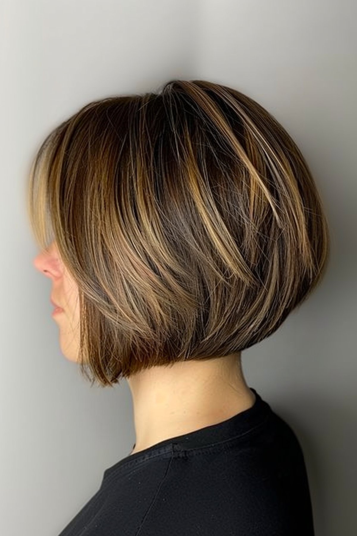 Woman with straight precision stacked bob and blonde highlights