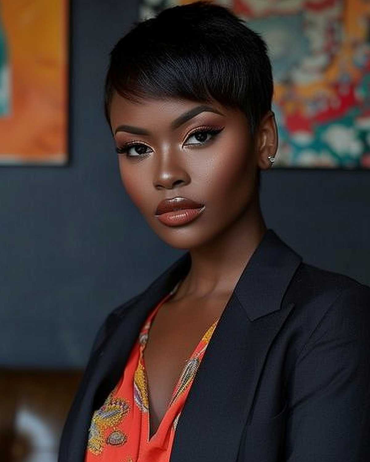 Woman with dark skin sporting a smooth and shiny sleek pixie cut