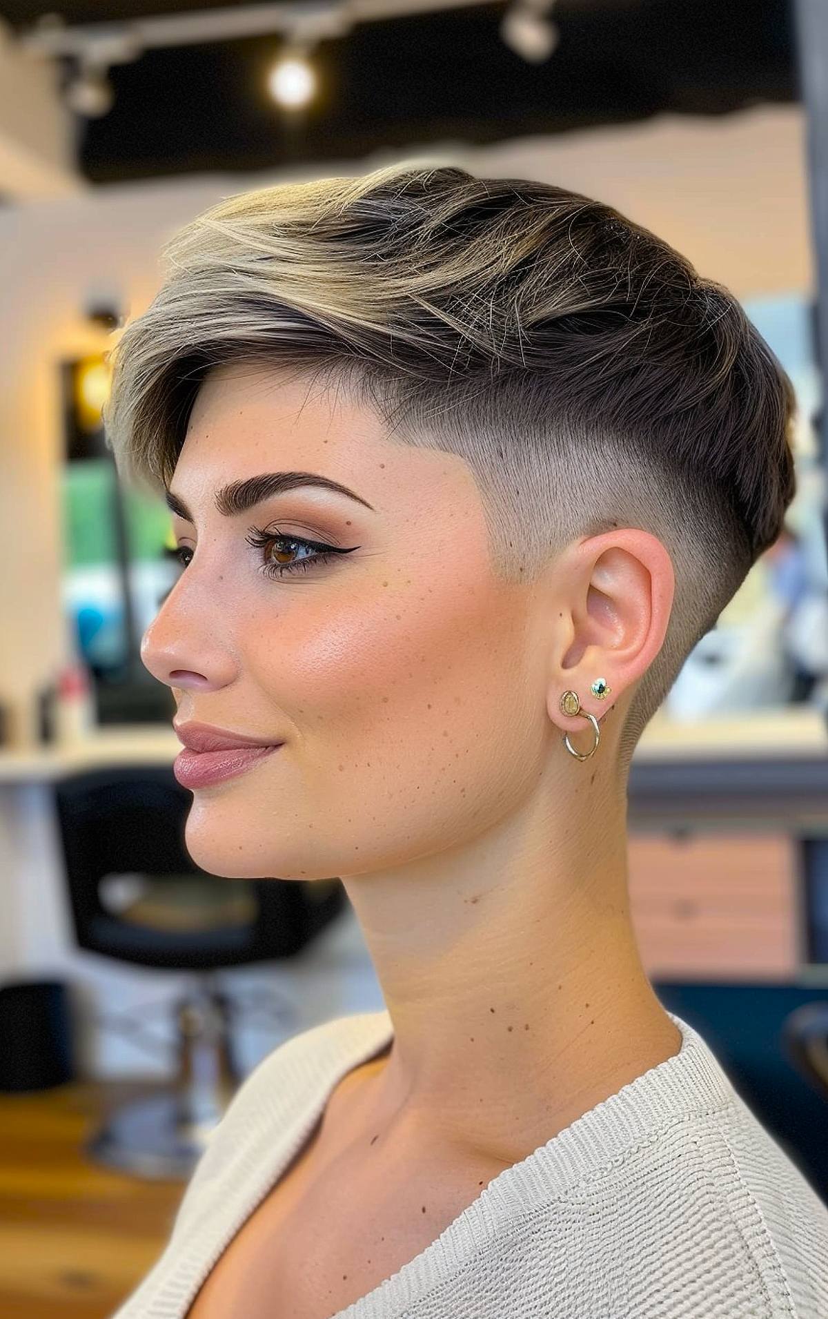 Women's pixie haircut with shaved sides and back for straight hair