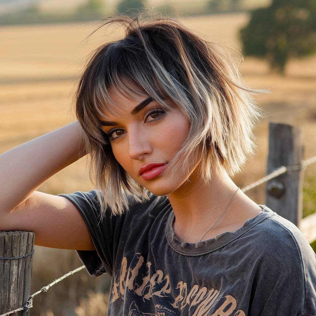 Choppy short shag cut with wispy layers and bangs, adding effortless movement to straight or wavy hair