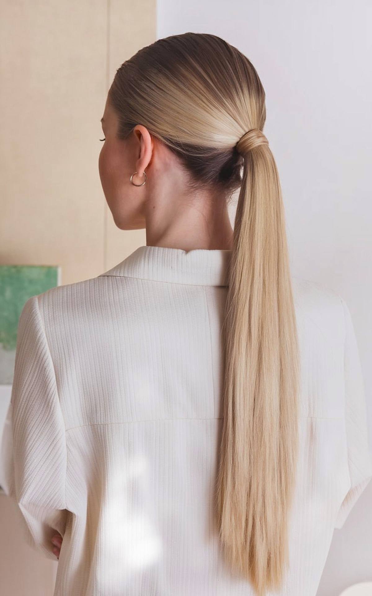 Work hairstyle for long fine hair with sleek low ponytail