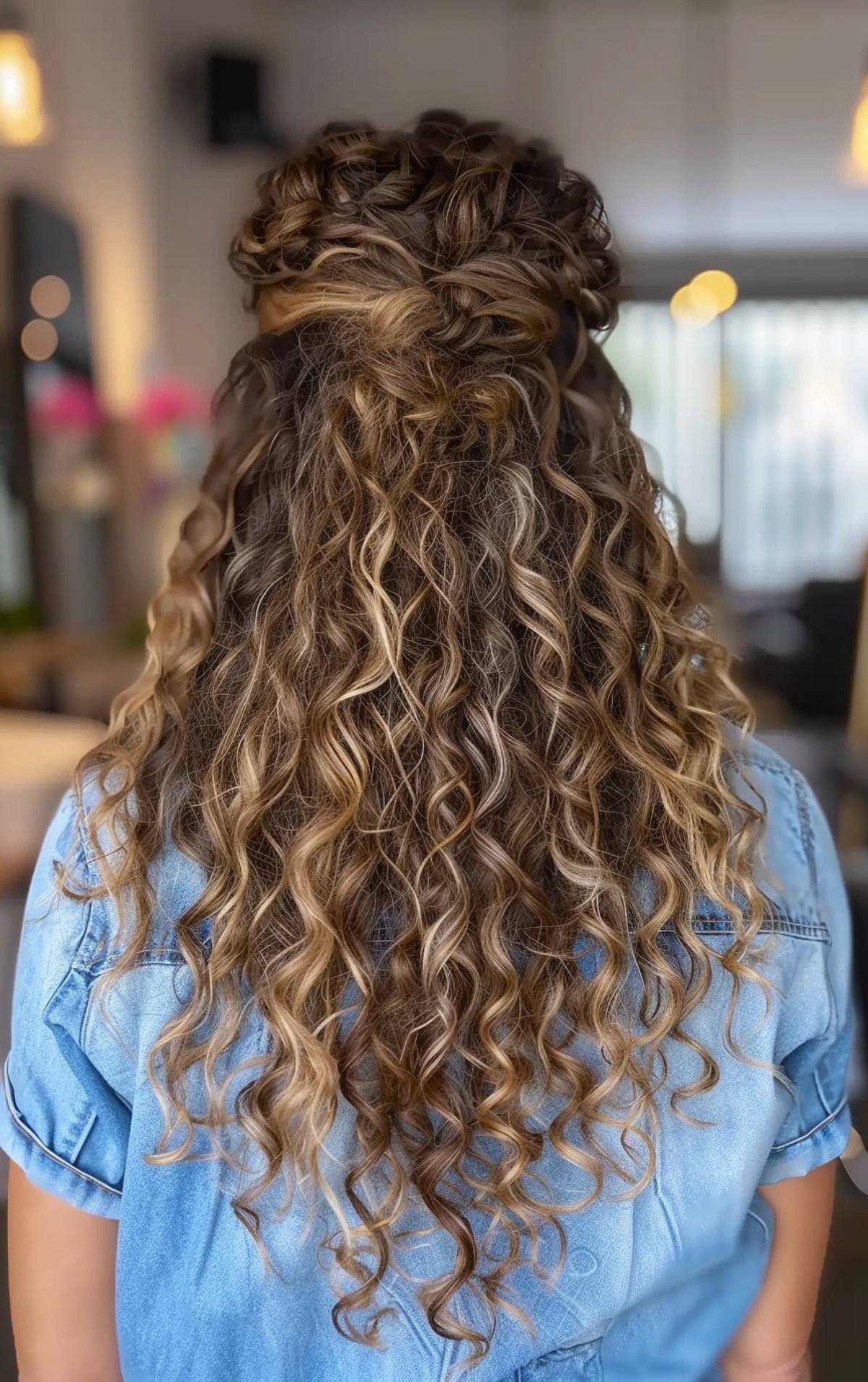 Work hairstyle for long curly hair with braid and cascading curls