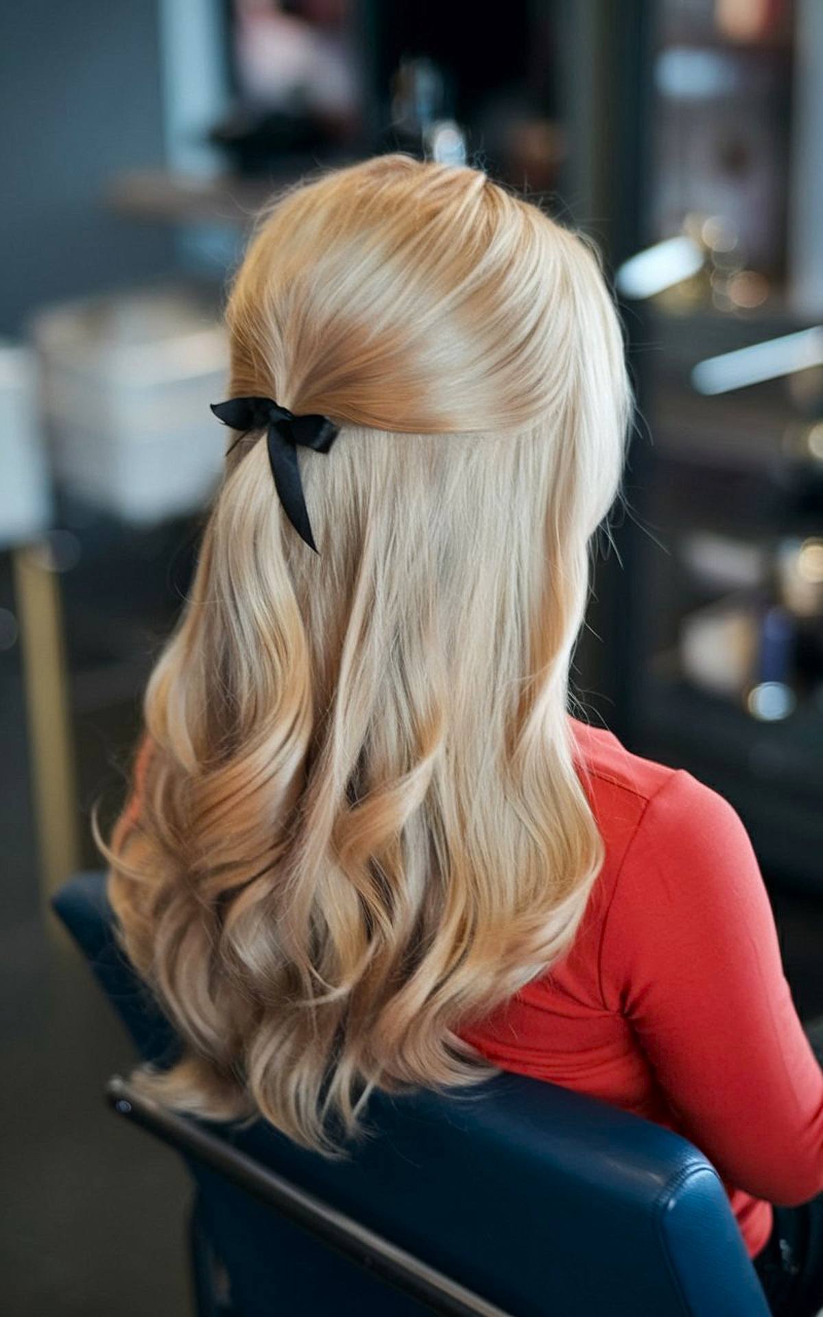 Work hairstyle for long layered hair with ribbon and waves