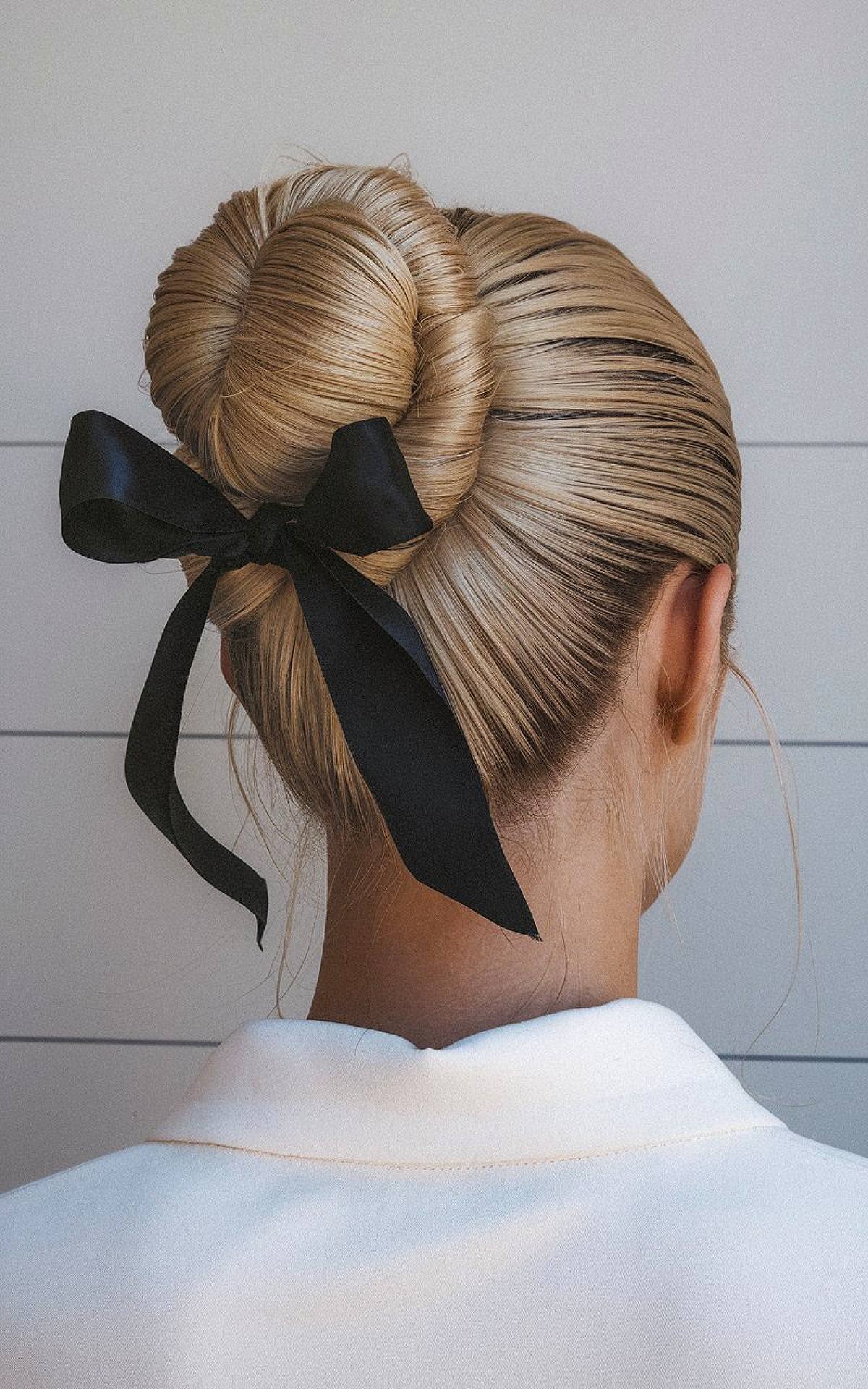 Work hairstyle for long hair with a sleek twisted bun and ribbon