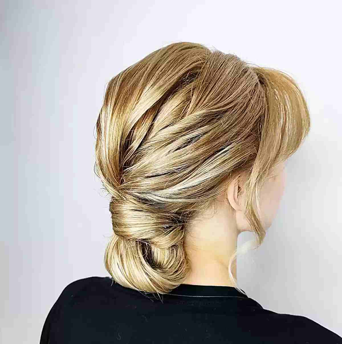 Wrapped Bun with Side Bangs for Straighter, Thick Locks on Blonde Women