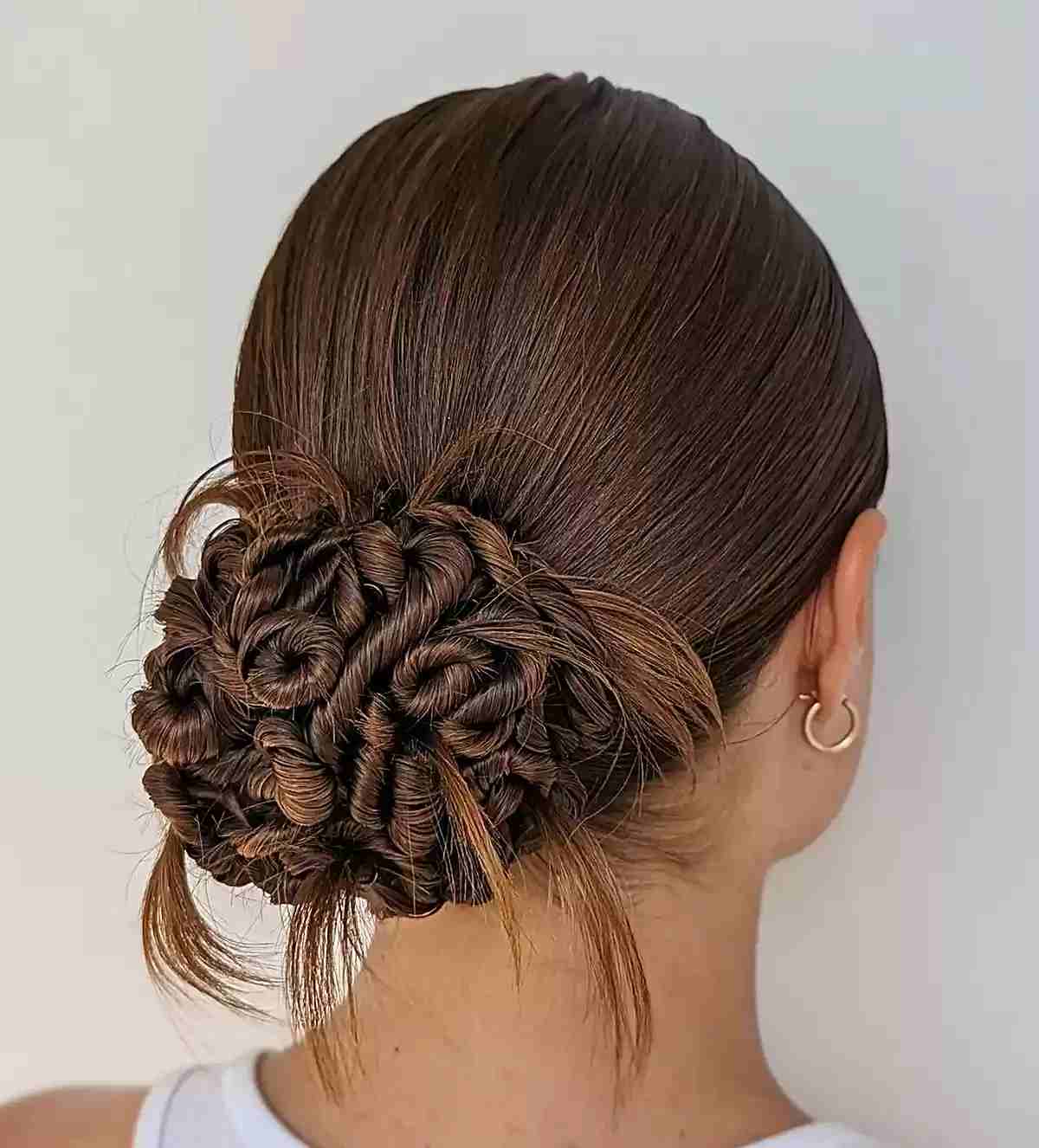 Y2K Big Low Bun with Micro Twists and Spikes for Long Brown Hair