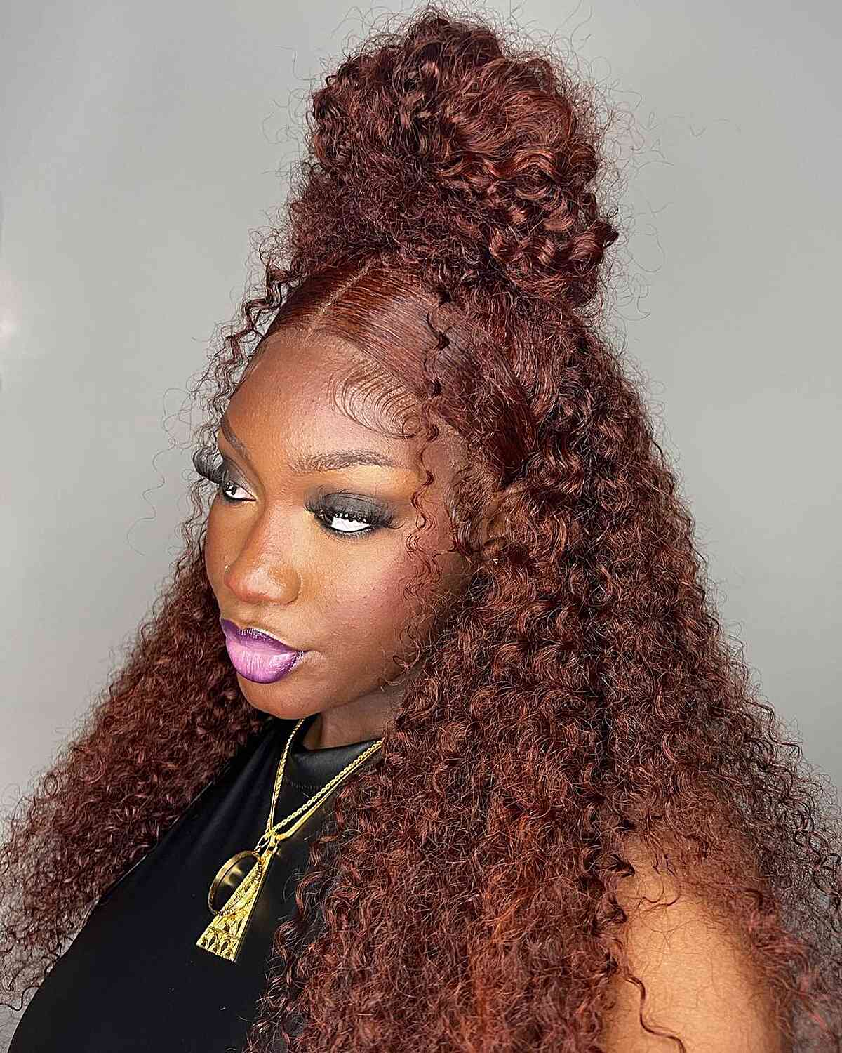Y2K Half-Up Top Knot with Burgundy Curls for Gorgeous Black Ladies